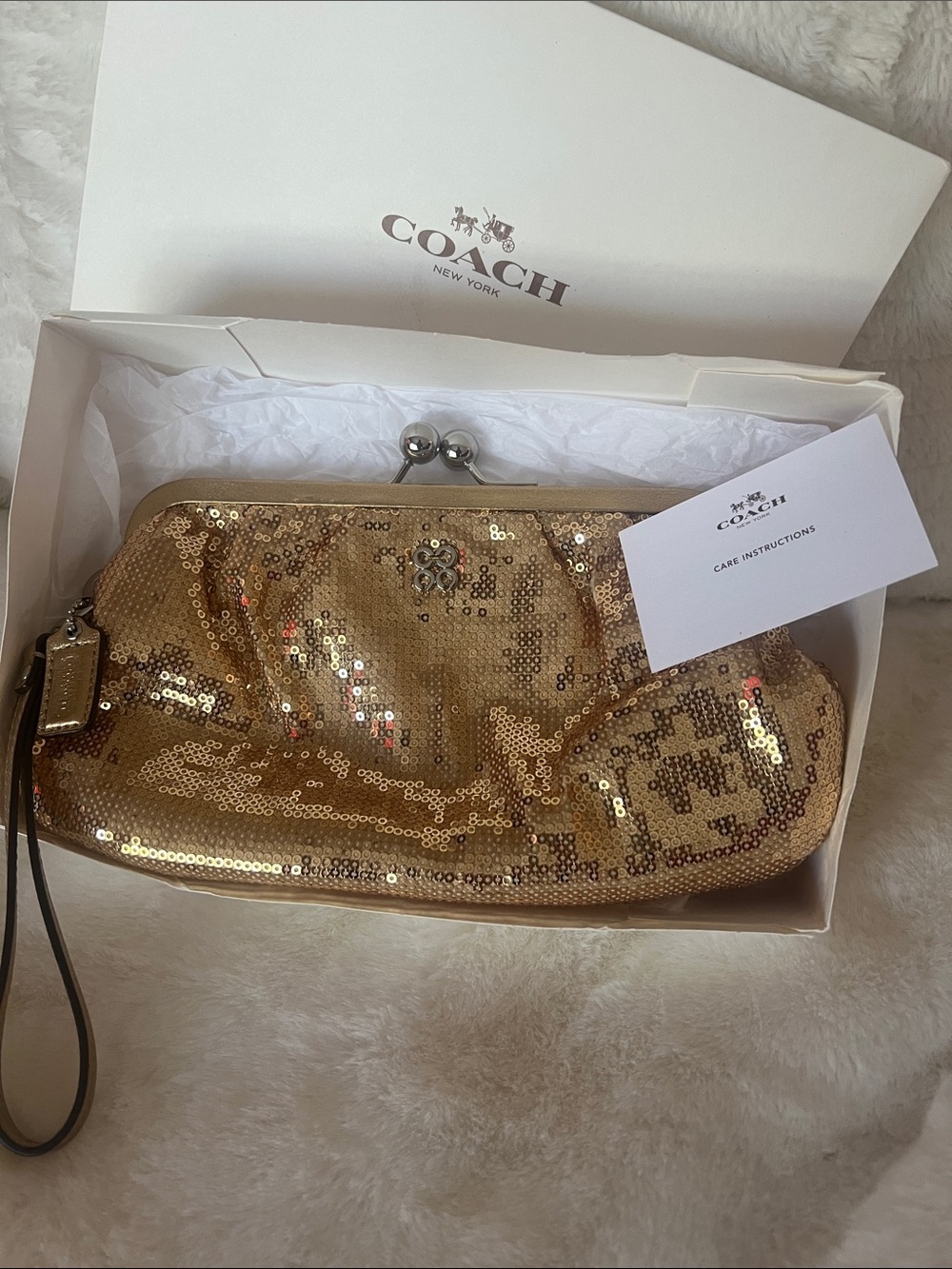 Coach Gold Sequin Wristlet Clutch with Logo Charm